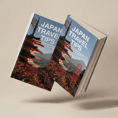 Two books titled 'Japan Travel Tips' on a beige background