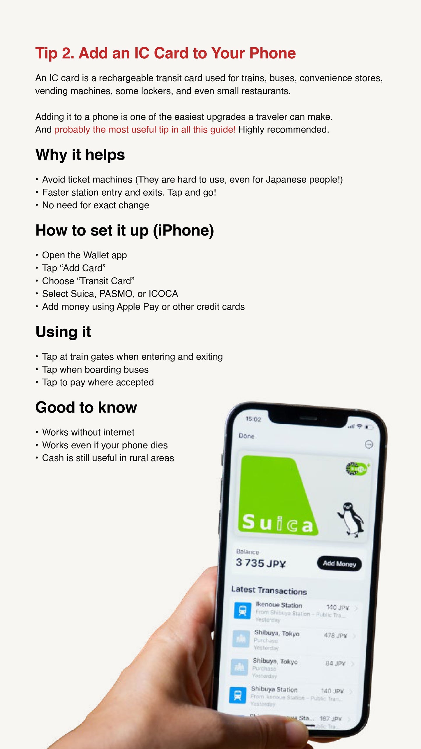 Information about how to add an IC transportation Card to an iPhone, with an image of an iPhone with the IC card the phone's wallet