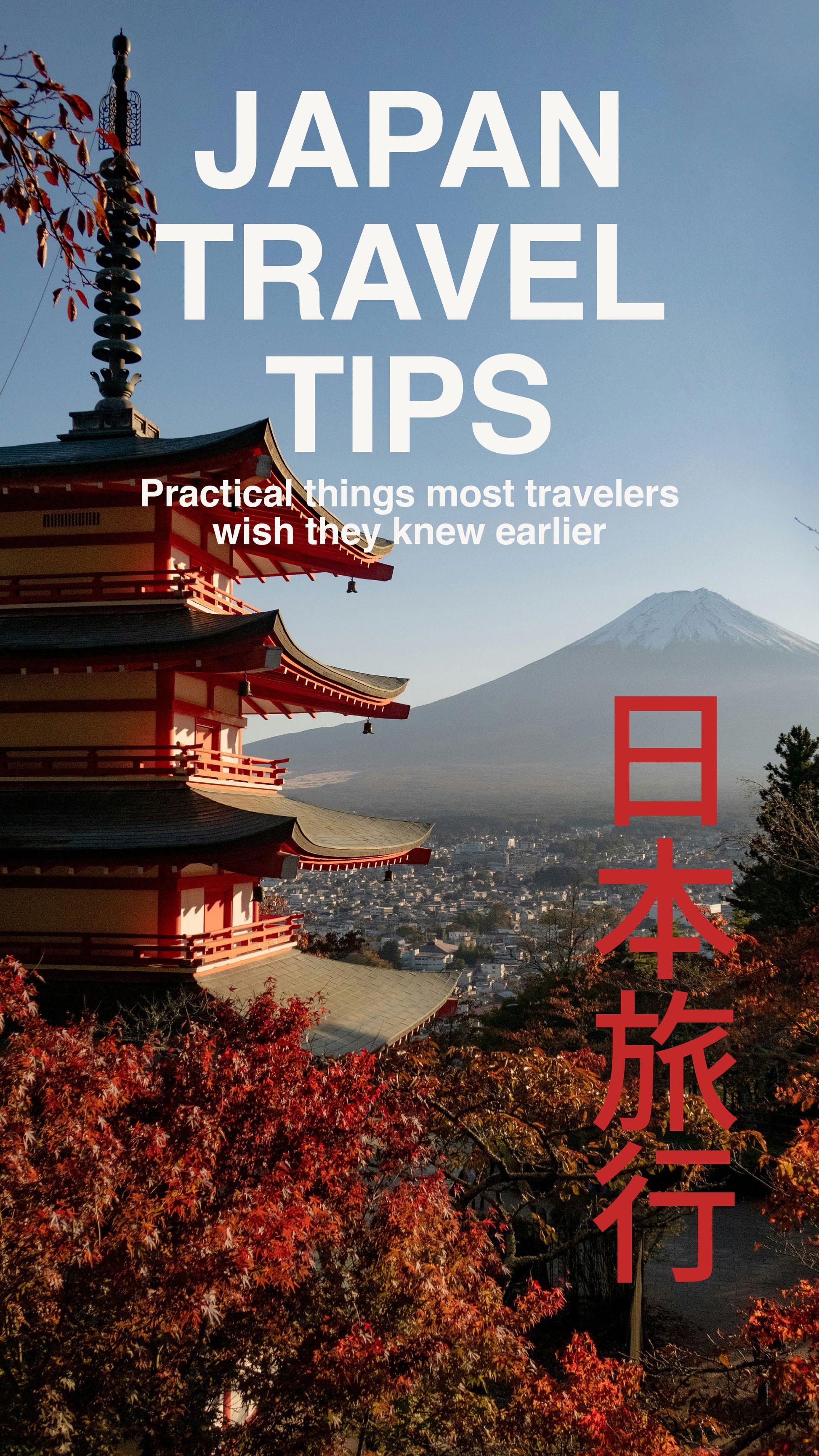 Book cover with Japanese temple, Mount Fuji, and text about travel tips.