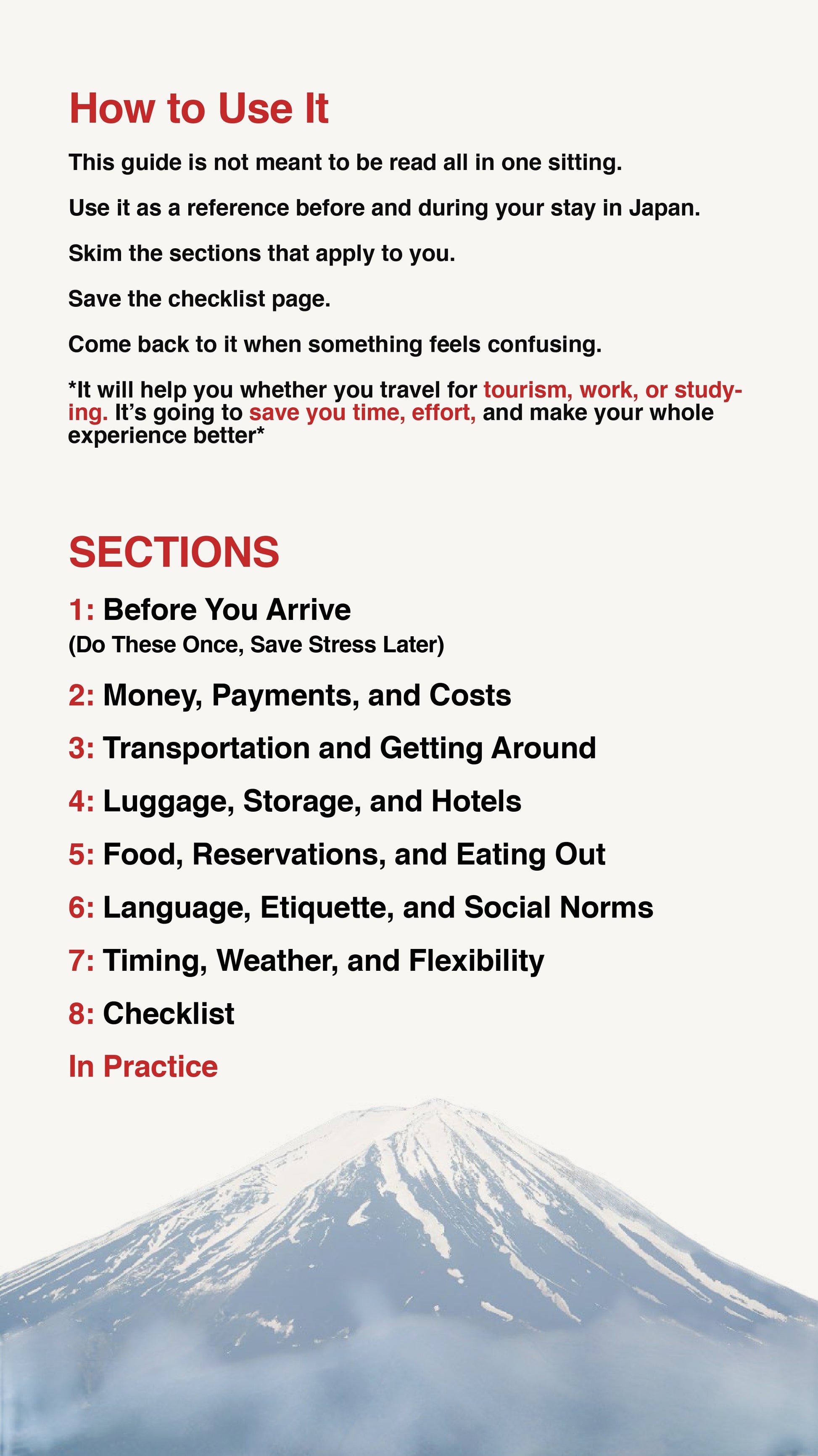 Page with information about how to use the travel tips, with mount Fuji in the background