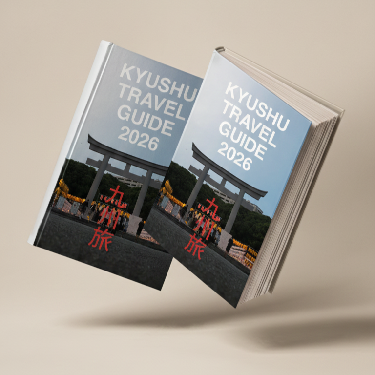 Kyushu Travel Guide 2026 book on a beige background