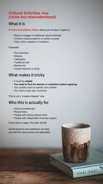 Informational sheet about Cultural Activities visa with a cup and book on a wooden surface.