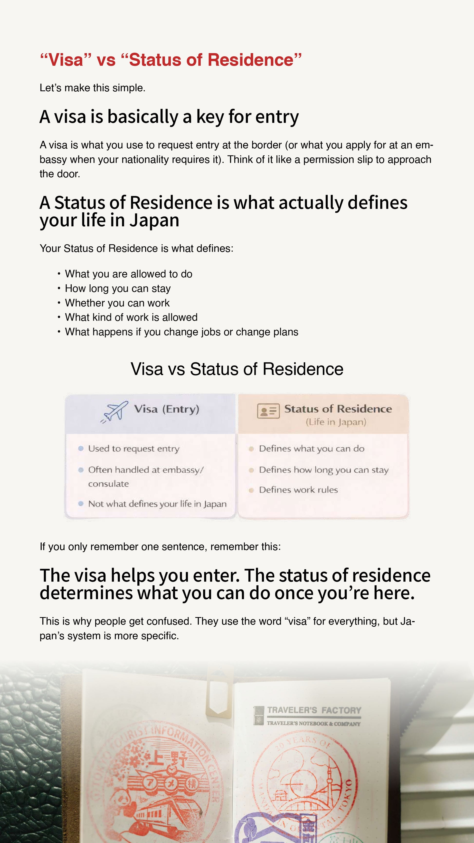 Explanation of 'Visa' vs 'Status of Residence' with a visual aid showing a passport stamp.